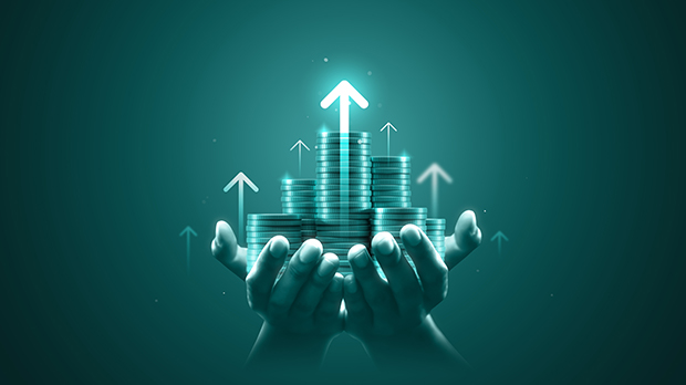 Hands holding digital coins with growth arrows